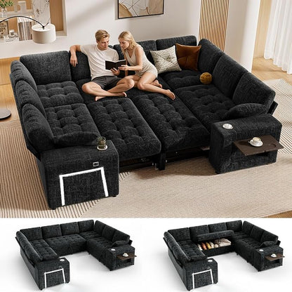 Vipbear 111" Modular Sectional Sleeper Sofa with Pull Out Bed, 8 Seat Chenille U Shaped Couch with 2 Pull-Out Beds|USB Ports|Cup Holders|Side Table|LED Light, Tool Free Assembly, Black