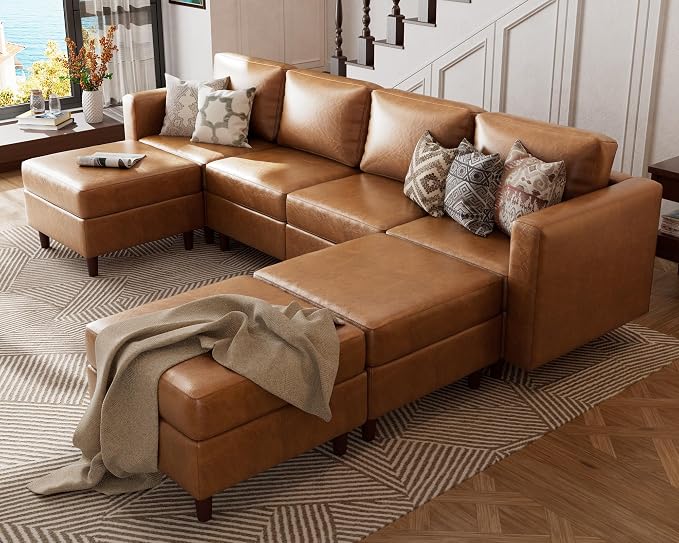 ABCASA 118.5" U Shaped Leather Couch, 7 Seater Oversized Modular Sectional Sofa with Storage Seat & Movable Ottoman, Comfy Pet-Friendly Faux Leather Couches for Living Room,Apartment,Brown