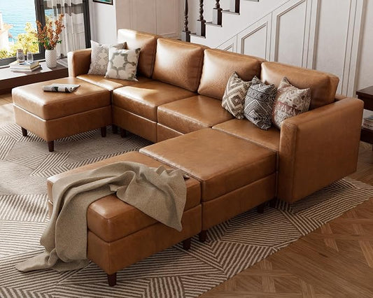 ABCASA 118.5" U Shaped Leather Couch, 7 Seater Oversized Modular Sectional Sofa with Storage Seat & Movable Ottoman, Comfy Pet-Friendly Faux Leather Couches for Living Room,Apartment,Brown