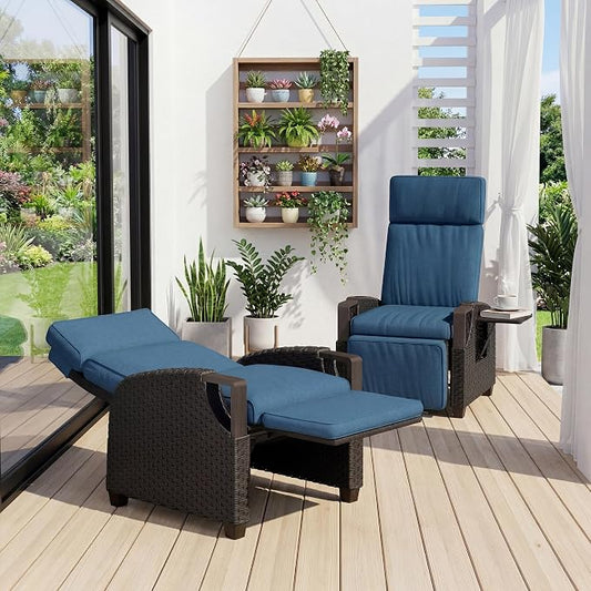 Grand patio Outdoor Recliner Air Pump 150° Lay Flat Reclining Chair with Independent Adjustable Back and Footrest Removable Olefin Cushion Flip-Up Table Wicker Peacock Blue 2PCS