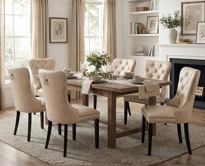 CIMOTA Beige Leather Dining Chairs Set of 6 Mid Century Modern Dining Room Chairs Tufted Upholstered Kitchen Dining Chairs Comfortable Side Chairs with Nailhead Trim/Ring Back (PU /6PCS)