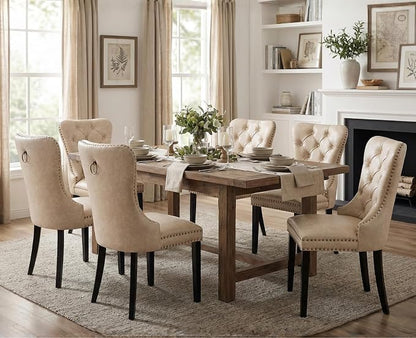 CIMOTA Beige Leather Dining Chairs Set of 6 Mid Century Modern Dining Room Chairs Tufted Upholstered Kitchen Dining Chairs Comfortable Side Chairs with Nailhead Trim/Ring Back (PU /6PCS)