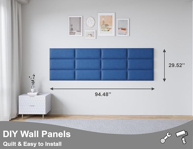 Peel and Stick Upholstered Wall Mounted Headboard King Size, 12 Panels Tufted Fabric Headboard,Wall Mounted Headboards, Interior Wall Panels for Bedroom, 10"x24" Dark Blue