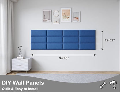 Peel and Stick Upholstered Wall Mounted Headboard King Size, 12 Panels Tufted Fabric Headboard,Wall Mounted Headboards, Interior Wall Panels for Bedroom, 10"x24" Dark Blue