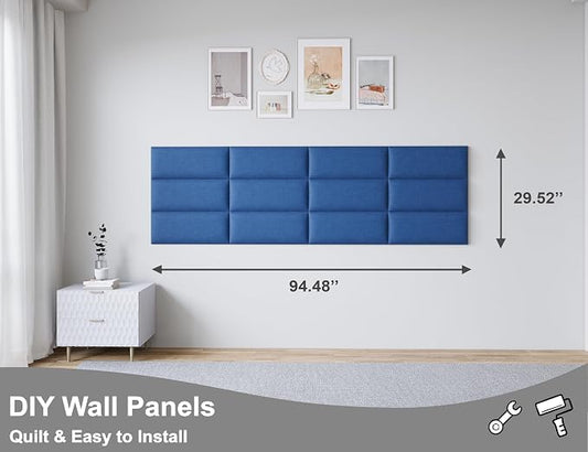 Peel and Stick Upholstered Wall Mounted Headboard King Size, 12 Panels Tufted Fabric Headboard,Wall Mounted Headboards, Interior Wall Panels for Bedroom, 10"x24" Dark Blue