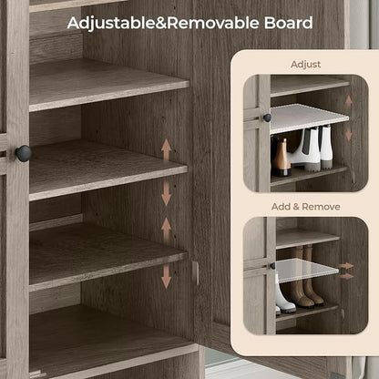 Shoe Storage Cabinet with 2 Doors, 6-Tier Shoe Cabinet with 3 Adjustable Shelves and Metal Legs, 45'' Tall Shoe Rack Organizer Cabinet for Entryway, Front Door, Gray Wash