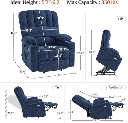 MCombo Large Power Lift Recliner Chair for Elderly, Lift Chair with Heat and Massage, 3 Positions, USB Charge Ports, Cup Holders, Fabric 7099 (Large, Navy Blue)