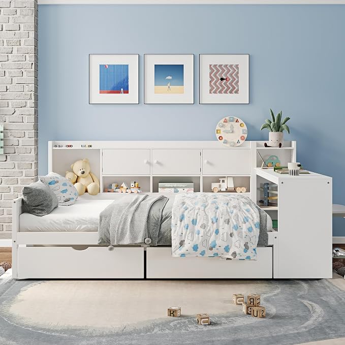 Bellemave Full Corner Bed Frame, Full Size Corner Beds with Storage Cabinets and Desk, Wood Daybed with Bookcase and Drawers, White
