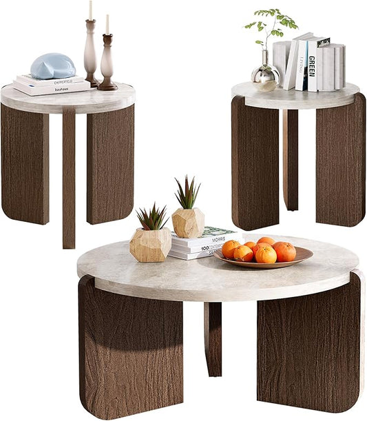 SUNBURY Coffee Table and End Table Sets, Round Marble Modern 3-Piece Living Room Table Set for Office, Living Room, Apartment, Small Space, Easy Assembly Living Room Furniture, Faux Marble
