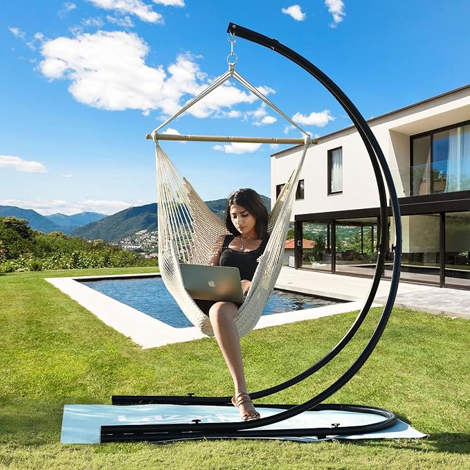 Lazy Daze Hammocks Hanging Swing Chair Caribbean Rope Weaving Chair with 40" Hardwood Spreader Bar and Soft-Spun Cotton Rope, Hammock Chair for Indoor, Outdoor, Backyard, Max 300 LBS, Natural