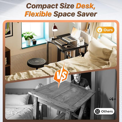 Huuger Folding Desk with Storage Shelf, 23.6 Inch Foldable Computer Table for Small Spaces, Space Saving Sofa Table for Couch, Writing Work Office Computer Desk, Easy to Fold, Black