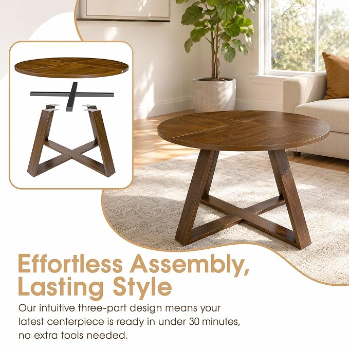 Round Coffee Table, 31.5" Modern Unique Farmhouse Coffee Table for Living Room with Walnut Wood Grain,Small Coffee Table with Open Storage, Circle Center Table with Cross Base,Rustic Brown