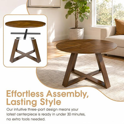 Round Coffee Table, 31.5" Modern Unique Farmhouse Coffee Table for Living Room with Walnut Wood Grain,Small Coffee Table with Open Storage, Circle Center Table with Cross Base,Rustic Brown