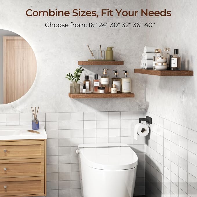Fun Memories Floating Shelves for Wall 32 Inch Set of 3, Farmhouse Floating Shelves with Invisible Heavy Duty Bracket, 10 Inch Deep Bathroom Shelves for Storage, Living Room, Kitchen, Decor, Brown