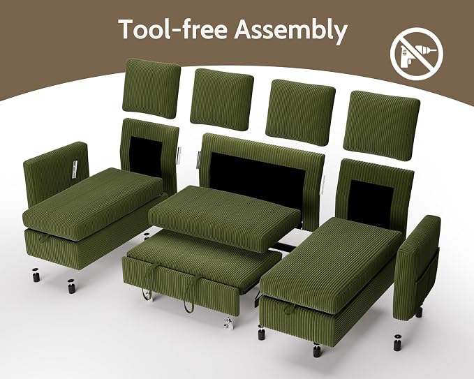WEUP 106" U Shaped Sectional Sleeper Sofa Bed with Pull Out Bed, Sectional Sleeper Couch Pull Out Couch with Reclining Backrest/Reversible Storage Chaise/USB Ports/Tool-Free Assembly, Corduroy Green