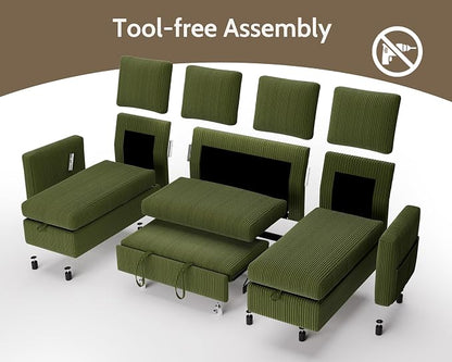 WEUP 106" U Shaped Sectional Sleeper Sofa Bed with Pull Out Bed, Sectional Sleeper Couch Pull Out Couch with Reclining Backrest/Reversible Storage Chaise/USB Ports/Tool-Free Assembly, Corduroy Green