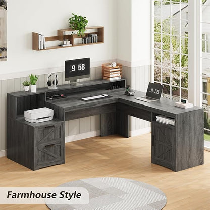YOMILUVE 63" Farmhouse L Shaped Executive Desk with Drawers & Storage Shelf, Corner Computer Desk with Power Outlets, L Shaped Office Desk with Monitor Stand, Printer Shelf, Dark Gray