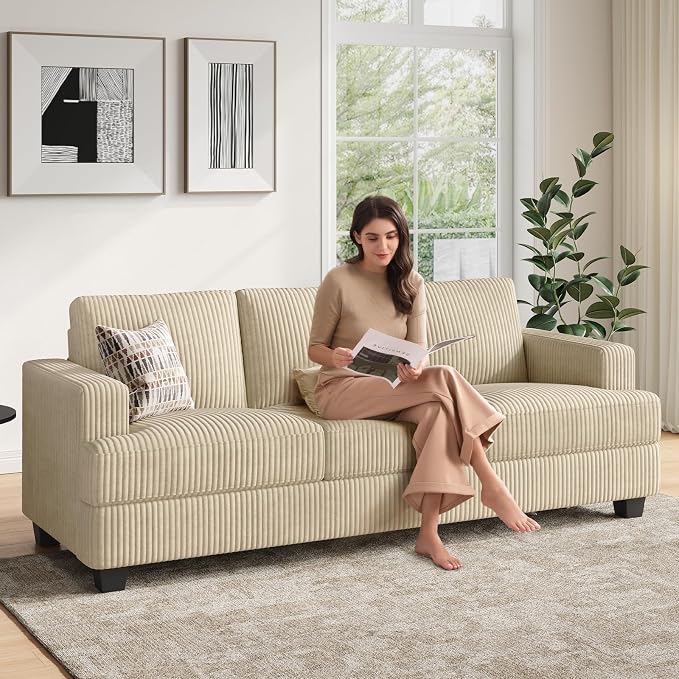 COPIAE 89 Inch Sofa with Extra Deep Seats Oversize, 3 Seater Sofa for Living Room, Modern Couch and Sofa, Comfy Armrests and Seats and Backrests, Easy Installation,Wide Corduroy Fabric Beige