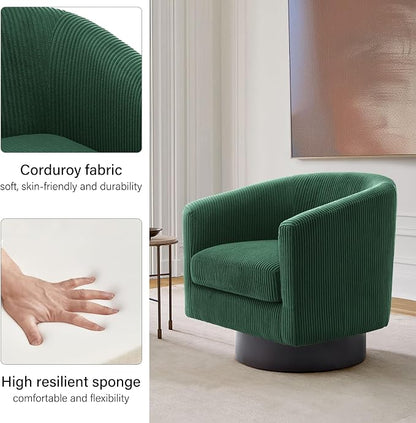 Swivel Barrel Accent Chair, Modern Round Corduroy Fabric Arm Chair for Living Room, Bedroom, Comfy Club Reading Chairs for Adults (Corduroy Dark Green, Set of 1)