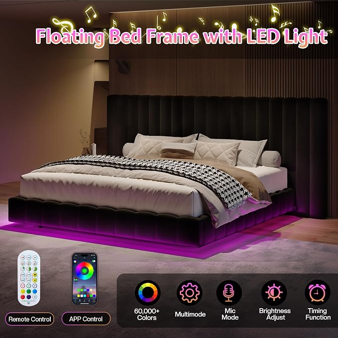 Jocisland King Size Bed Frame with 100" Wide Upholstered Headboard, Modern Velvet Floating Platform with LED Lights Underneath, No Box Spring Needed, Black