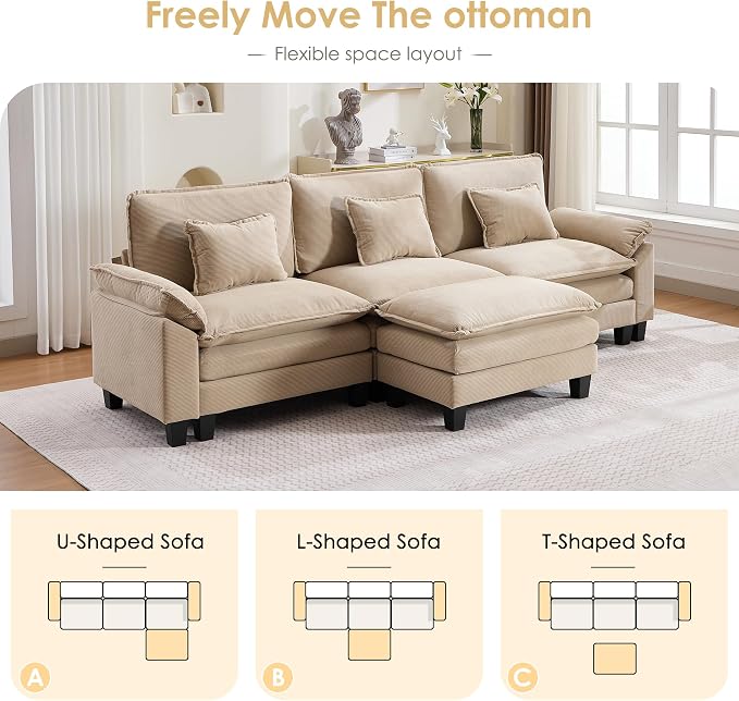 122" Corduroy Modular Sectional Sofa, Convertible L Shaped Modular Sofa Comfy Cloud Couch with Ottoman, Side Pockets and 3 Throw Pillows for Living Room, Kahki, 4 Seats