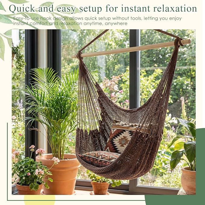Barydat 2 Pcs Hanging Hammock Chair Boho Swing Chair Outdoor Indoor Comfy Soft Cotton Rope Weaving with 40 Inch Detachable Metal Bars for Backyard Living Room Garden, 270lb Capacity (Dark Brown)