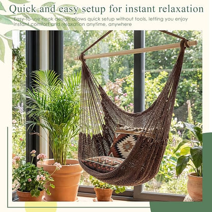 Barydat 2 Pcs Hanging Hammock Chair Boho Swing Chair Outdoor Indoor Comfy Soft Cotton Rope Weaving with 40 Inch Detachable Metal Bars for Backyard Living Room Garden, 270lb Capacity (Dark Brown)