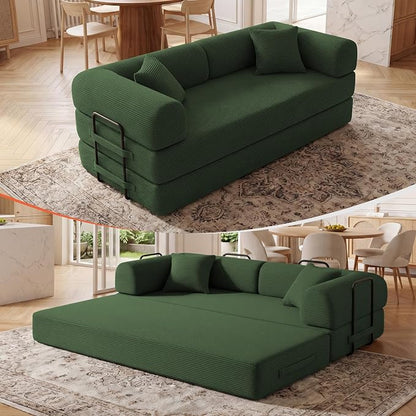 79" Convertible Sleeper Sofa Bed, Corduroy Boneless Fold-Out Couch in a Box, 4-in-1 Loveseat/Futon Couch, High-Density Foam, No Assembly, Side Pockets, 2 Pillows for Small Spaces, Dark Green