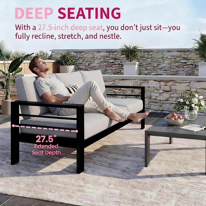 Kiss the Water 3 Seats Aluminum Outdoor Patio Sofa Set, All Weather Rust-Proof Metal Patio Couch, Modern Outdoor Furniture for Backyard Porch Garden, 5" Thick Waterproof Olefin Cushions, Light Grey