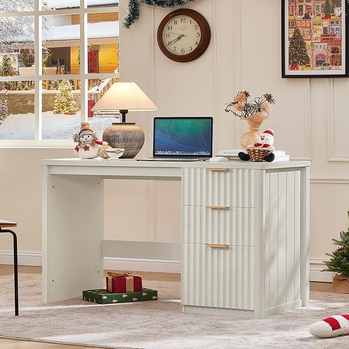 LEYAOYAO Office Desk 48" with 3 Drawers Storage File Cabinet Wood Fluted Desk for Computer Office Bedroom Home Furniture White