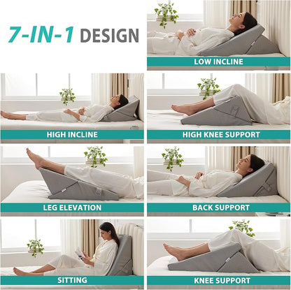 Wedge Pillow for Sleeping, Adjustable 9&12 Inch Foldable Bed Wedge Pillow Set, Orthopedic Memory Foam Triangle Pillows Wedge, 7-in-1 Elevated Pillows for Leg and Back Support, Grey