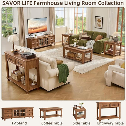 SAVOR LIFE TV Stand and Coffee Table Set, 4 Piece Living Room Table Set with Drawer & Open Shelving & Thick Tabletop & Square Wooden Legs, Brown