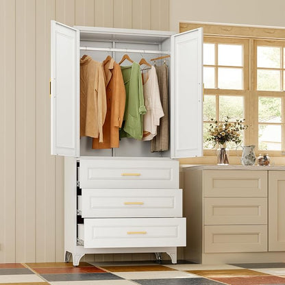 Metal Wardrobe Cabinets with 3 Drawers,White Armoire Wardrobe Closet with Hanging Rod,Clothes Storage Cabinet with Adjustable Shelves and Doors,Clothing Cabinet for Bedroom, Laundry Room,Office