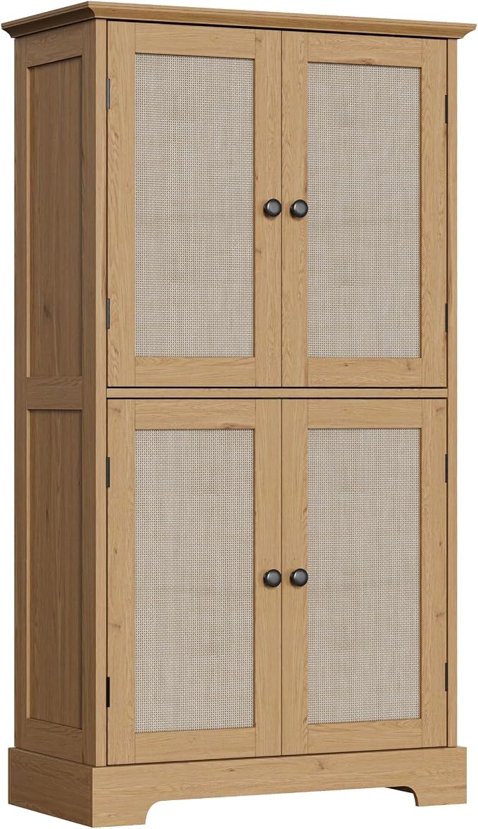 ChooChoo Bathroom Floor Cabinet, Rattan Bathroom Storage Cabinet with 4 Doors and Adjustable Shelves, Freestanding Cupboard for Living Room, Rustic Oak