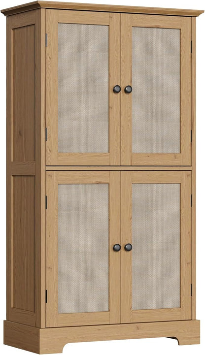ChooChoo Bathroom Floor Cabinet, Rattan Bathroom Storage Cabinet with 4 Doors and Adjustable Shelves, Freestanding Cupboard for Living Room, Rustic Oak