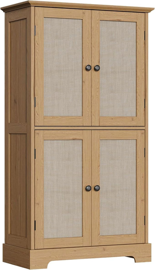 ChooChoo Bathroom Floor Cabinet, Rattan Bathroom Storage Cabinet with 4 Doors and Adjustable Shelves, Freestanding Cupboard for Living Room, Rustic Oak