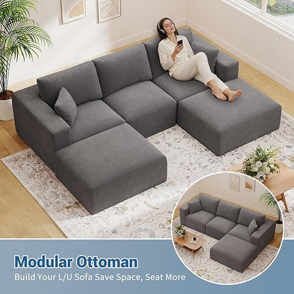 40" Oversized Large Square Corduroy Ottoman Pouf - Poofy Plush Foot Rest with Foam Chunk Filling, Movable Floor Pouf Footstool & Ottoman Coffee Table for Living Room Couch Bedroom, Grey(2 Pieces)