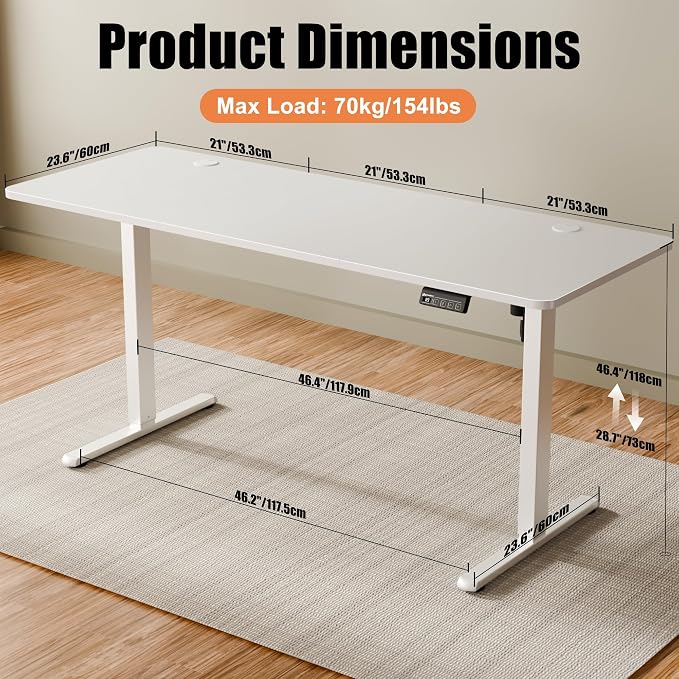 ERGOMAKER Electric Standing Desk, 63" x 23.6" Height Adjustable Sit Stand Desk with Splice Board for Home Office, Computer Desk Memory Preset (White Frame, White Desktop)