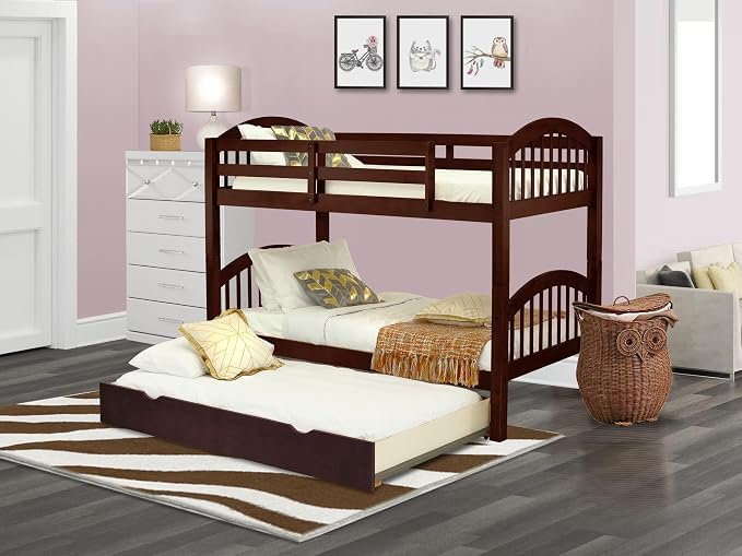 East West Furniture VEB-08-TU Solid Wood Bunk Beds Twin Over Twin with Guard Rail and Trundle, Java Finish