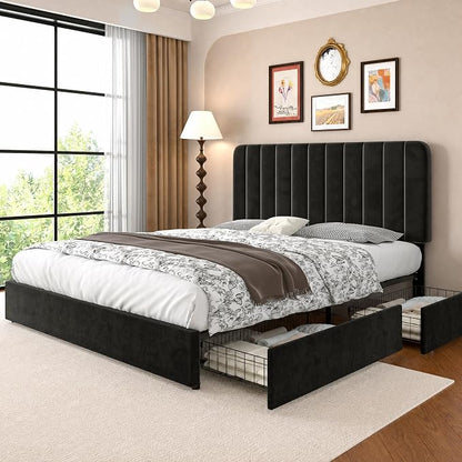 VECELO Queen Size Upholstered Bed Frame with 4 Drawers and Headboard, Velvet Platform Storage Bedframe, Wooden Slats Support, No Box Spring Needed,Black