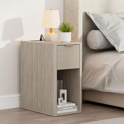 Homleke Narrow End Table with Fluted Drawer and Charging Station, Small Nightstand with USB Ports & Outlets, Bedside Table for Bedroom or Living Room, Modern Accent Table, Light Gray Oak