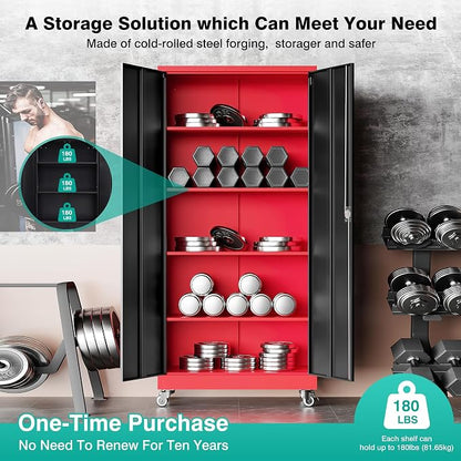 SISESOL 75" Tall Metal Storage Cabinet with Wheels,Rolling Garage Storage Cabinet with Lock,Red Metal Cabinets on Wheels,Locking Tool Cabinets on Wheel for Garage,Home,Office,Shop