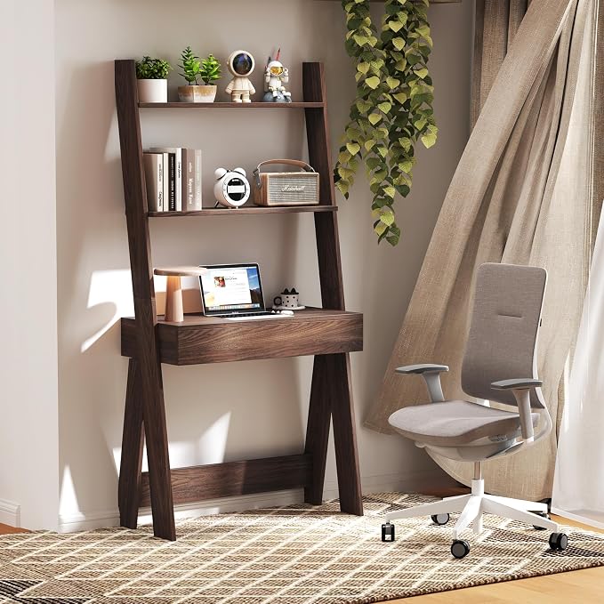 Tangkula Ladder Desk with Countertop & Drawer, Home Office Computer Laptop Table with Open Shelves & Anti-Tip Kits, Wall-Leaning Compact Working Station for Small Spaces (Walnut)