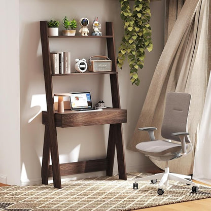 Tangkula Ladder Desk with Countertop & Drawer, Home Office Computer Laptop Table with Open Shelves & Anti-Tip Kits, Wall-Leaning Compact Working Station for Small Spaces (Walnut)