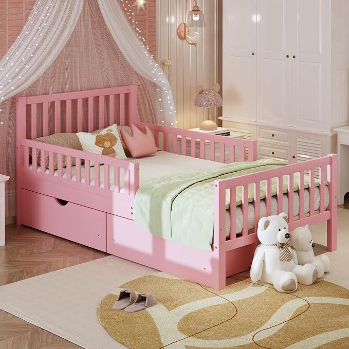 Bellemave Girls Twin Bed Frame with Fences and 2 Drawers, Kids Twin Platform Bed with Guardrails on Both Sides, Pink