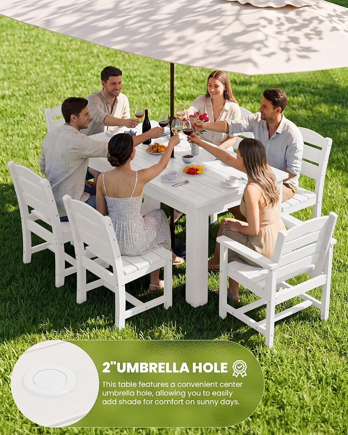 SERWALL HDPE Dining Set for 8: 2 Umbrella Hole Tables + 8 Chairs. for Garden, Backyard, Poolside. White
