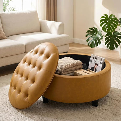 30-Inch Round Storage Ottoman, Button Tufted Ottoman Coffee Table with Removable Top for Living Room, Bedroom, Office (Bright Orange)