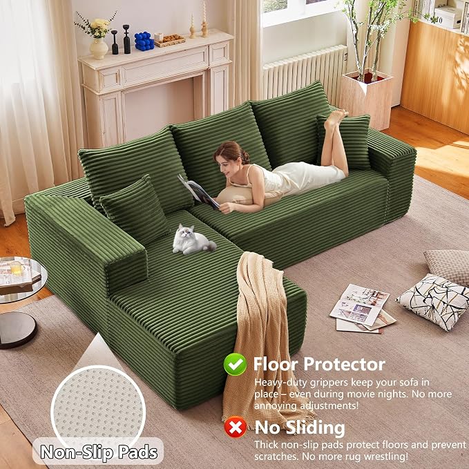 Sectional Couches for Living Room Cloud Couch Sofa with L-Shape Couch in a Box Upholstered Boneless Couchs Modern Modular Sectional Couch with Chaise (Green,B-3 Seater-Left-Facing Chaise-96 inch)