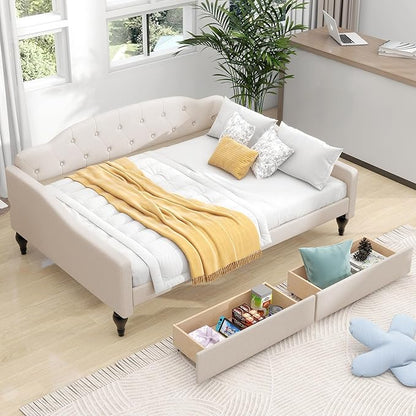 Merax Full Size Daybed with Storage, Solid Wood Sofa Bed Frame w/2 Drawers, Upholstered Tufted Daybed for Living Room, Bedroom and Guest Room, Beige