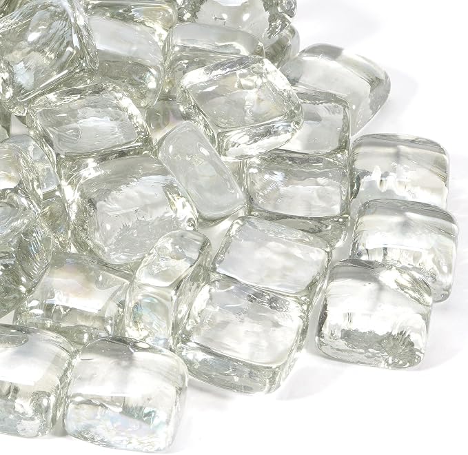 Clear Fire Pit Glass Cube, Tempered Glass Bead for Fireplace, Firepit Table Indoor or Outdoor, Propane and Natural Gas, 10 Pounds Fire Rocks, Heat Resistant, No Poping, Crystal Reflective